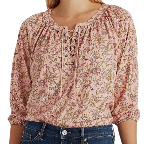New with Tag Ralph Lauren Chaps Women’s Floral Lace Up Long Sleeve Blouse - Picture 1 of 16